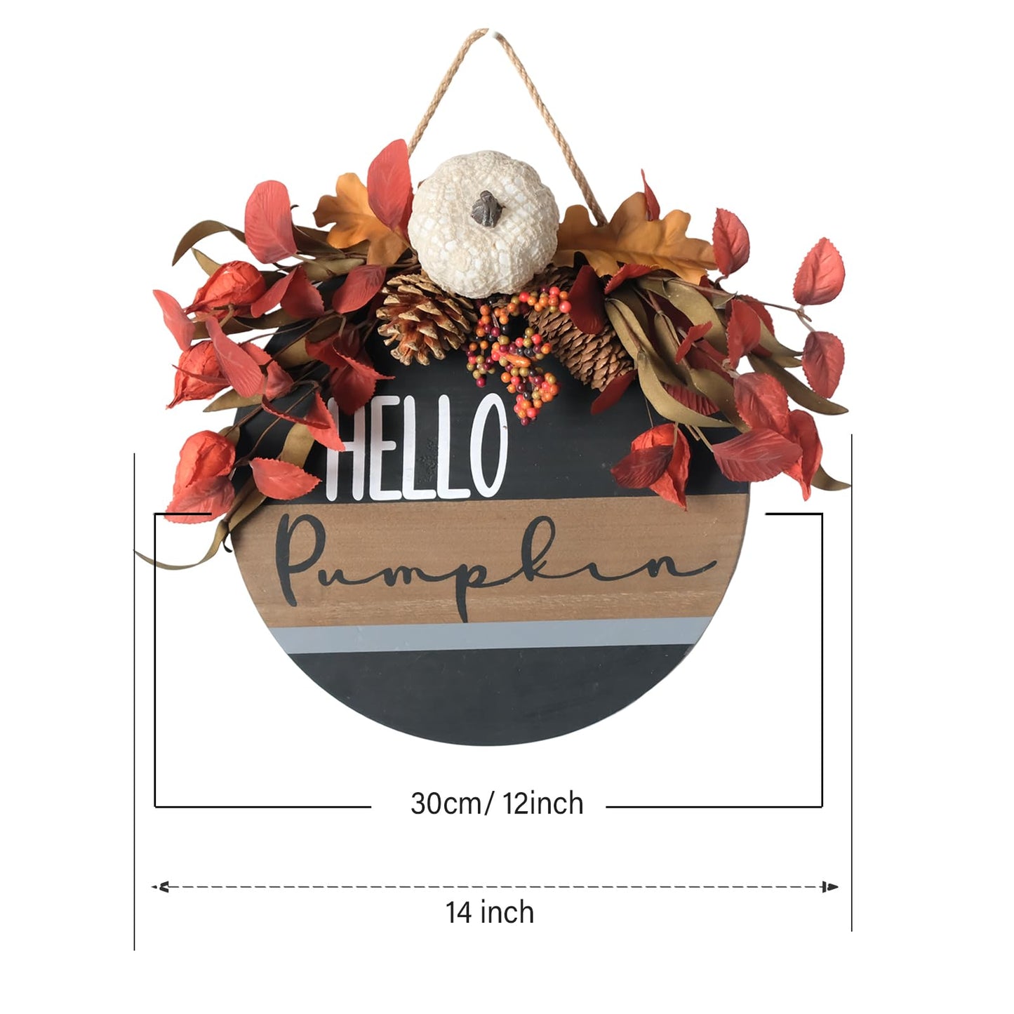 Hello Pumpkin Front Door Sign Fall Wreath with Pinecones, Artificial Pumpkin and Red Leaves, Rustic Wood Farmhouse Porch Decor for Home Front Door Decor 14 inches