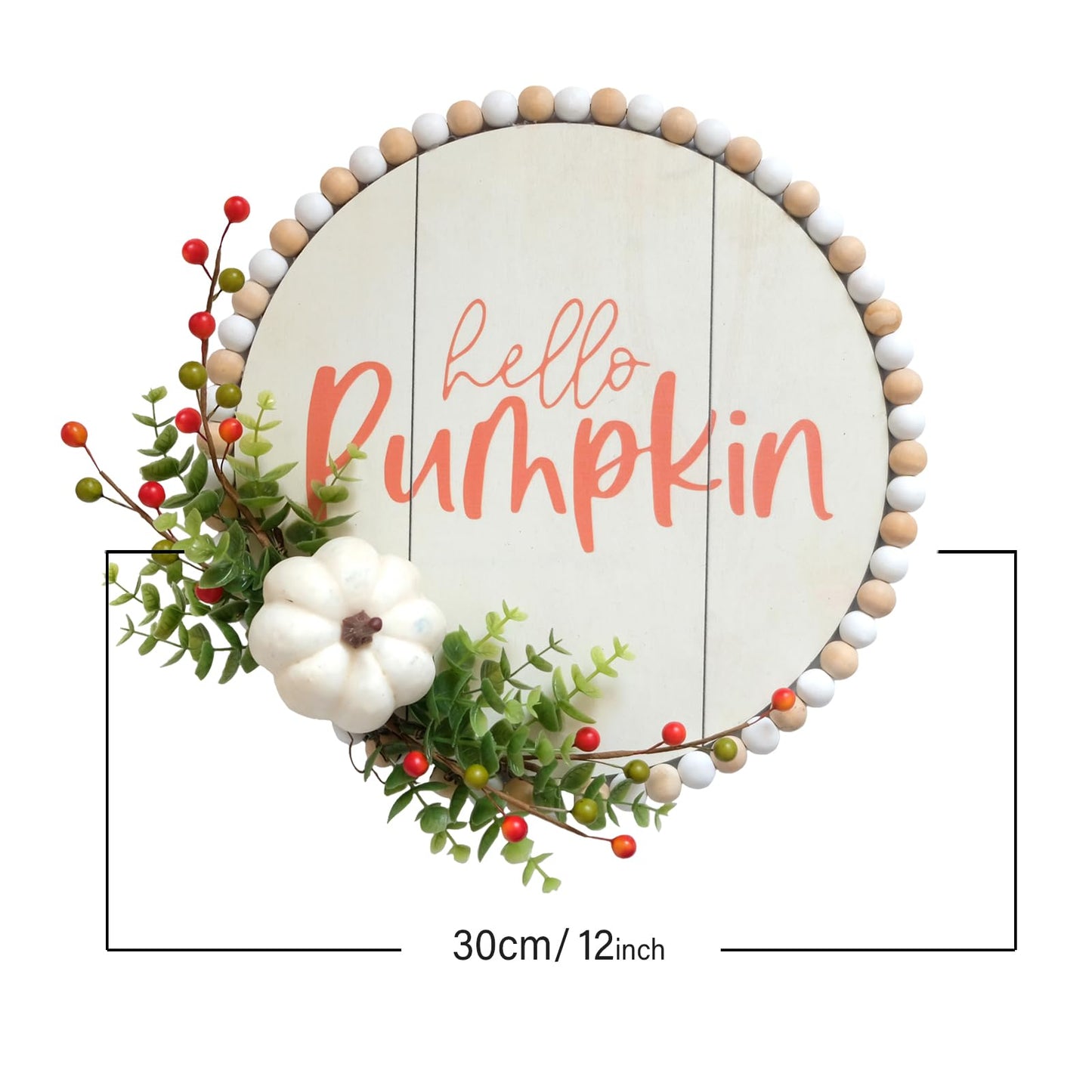 Hello Pumpkin Front Door Sign Fall Wreath with Pinecones, Artificial Pumpkin and Red Leaves, Rustic Wood Farmhouse Porch Decor for Home Front Door Decor 14 inches