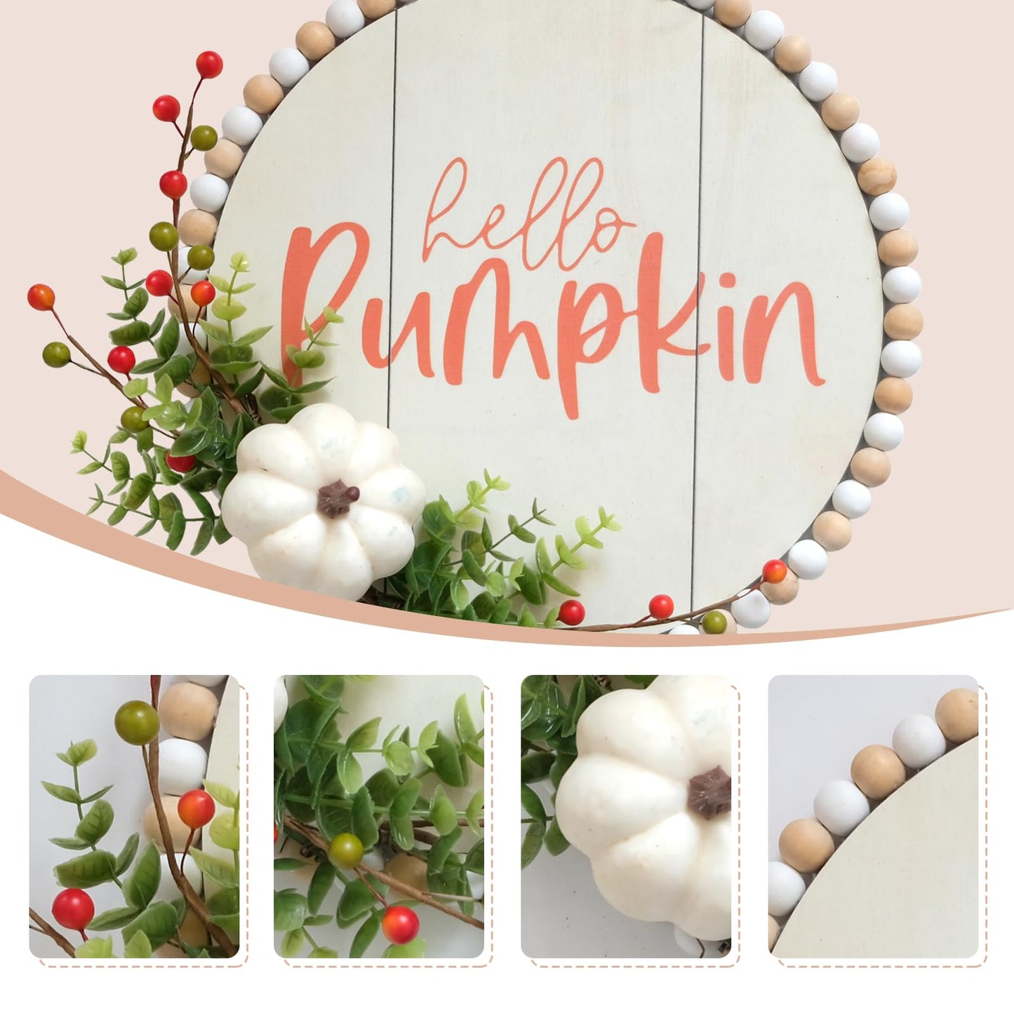 Hello Pumpkin Front Door Sign Fall Wreath with Pinecones, Artificial Pumpkin and Red Leaves, Rustic Wood Farmhouse Porch Decor for Home Front Door Decor 14 inches