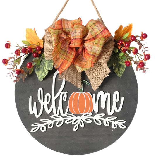 idyllic Fall Wreath Pumpkin Welcome Hanging Sign Front Door Decor, Autumn Welcome Wreath with Burlap Bow, Artificial Berries and Greenery, Farmhouse Porch Decorations for Autumn Harvest Day, 12 inches