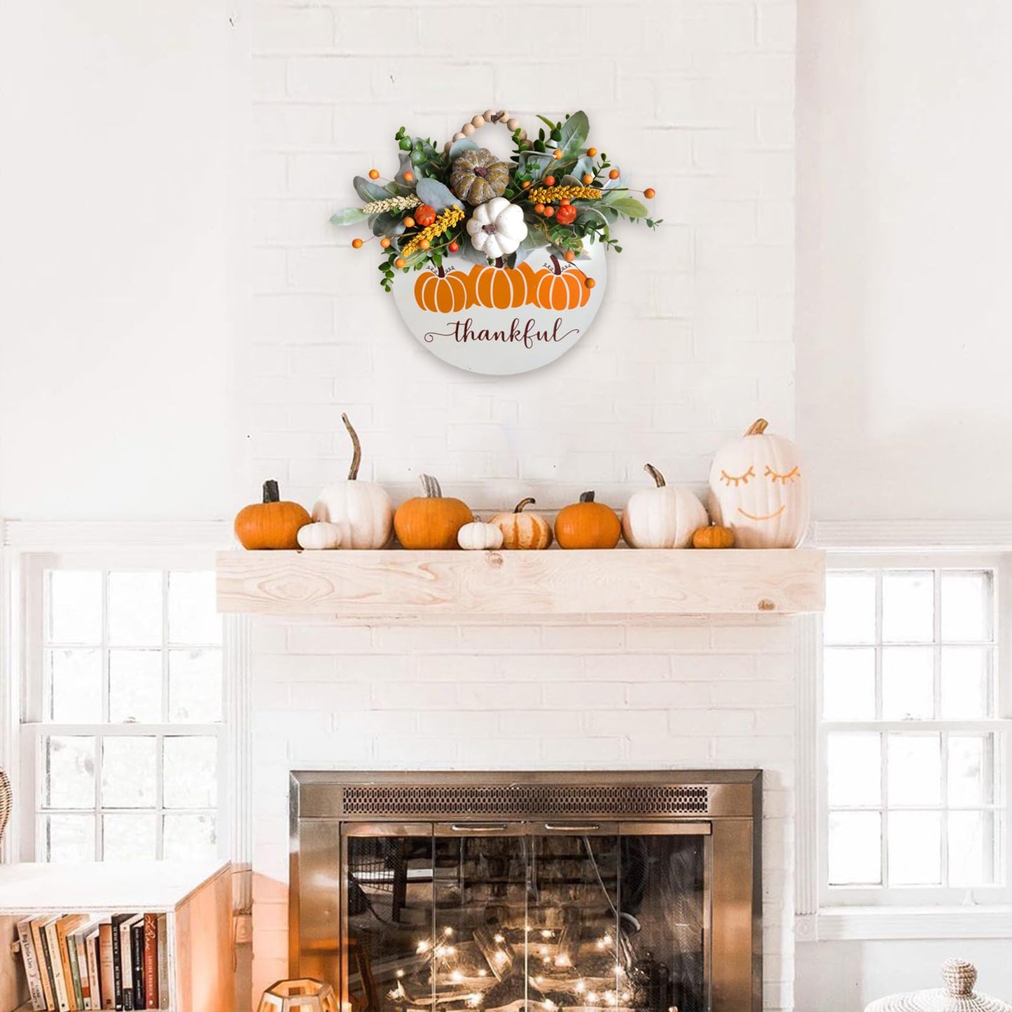 Idyllic Hello Fall Sign Wreath for Front Door, Pumpkin and Berries Wooden Square Wreath for Farmhouse Wall Indoor/Outdoor Harvest Thanksgiving & Fall Season Hanging Wall Decor