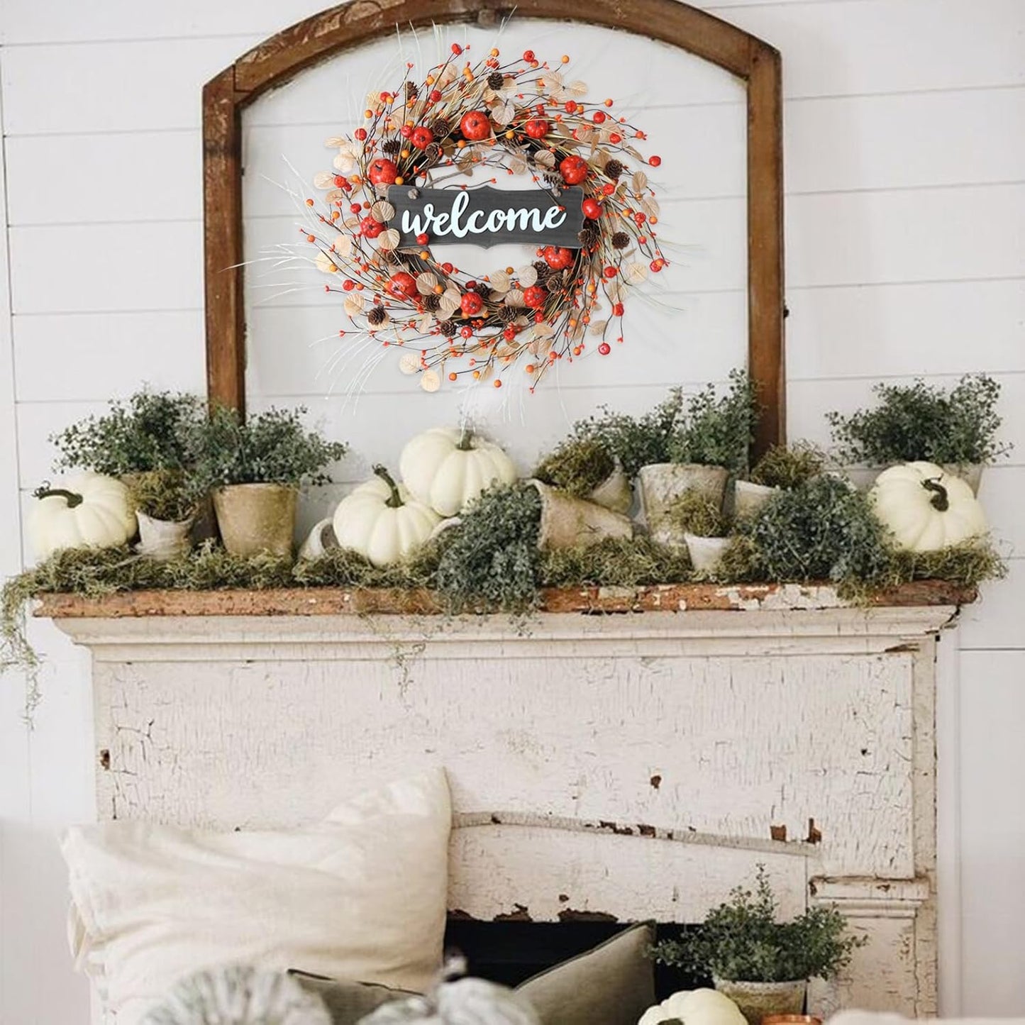 Fall Welcome Wreath 22 inches Autumn Front Door Wreath Harvest Wreath with Pumpkins Dry Vine Branches Berries and Pine Cones Fall Decorations for Indoor Wall Window Festival Thanksgiving Fall Decor