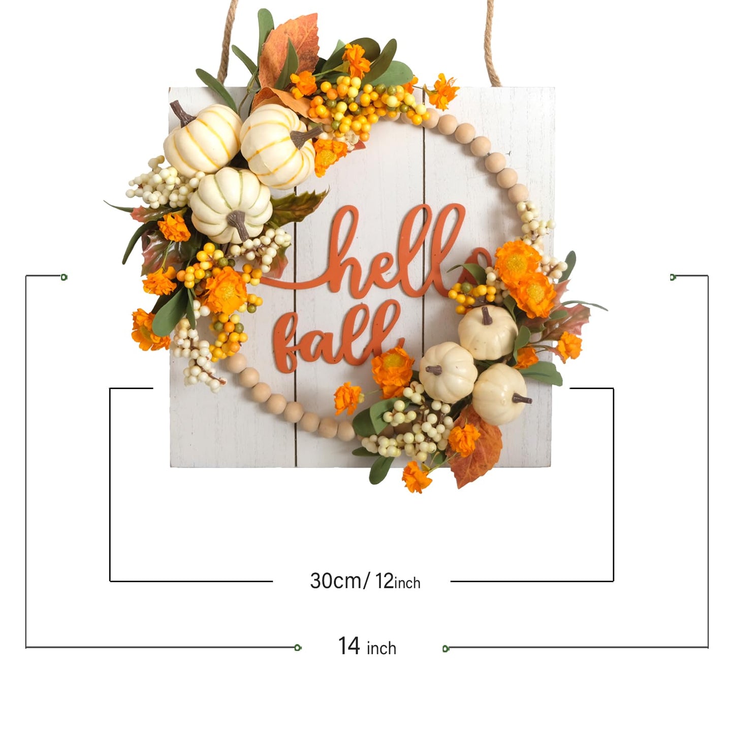 Idyllic Hello Fall Sign Wreath for Front Door, Pumpkin and Berries Wooden Square Wreath for Farmhouse Wall Indoor/Outdoor Harvest Thanksgiving & Fall Season Hanging Wall Decor