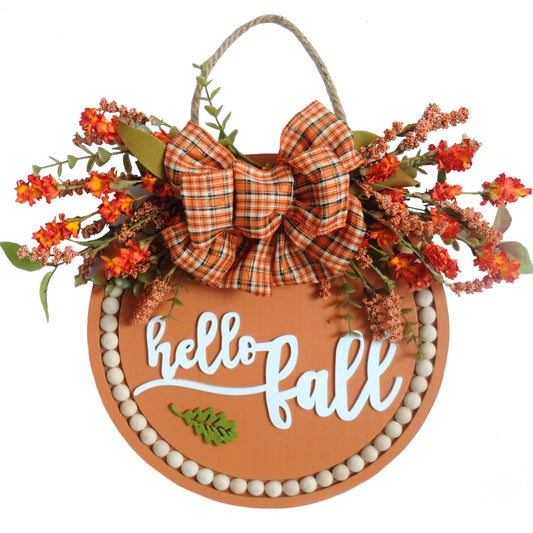 Welcome Fall Door Hanger Front Door Sign 12'' Wood Wreath Farmhouse Door Sign for Front Door Porch Decor with Orange Flower Skewer & Buffalo Bow - thanksgiving door sign