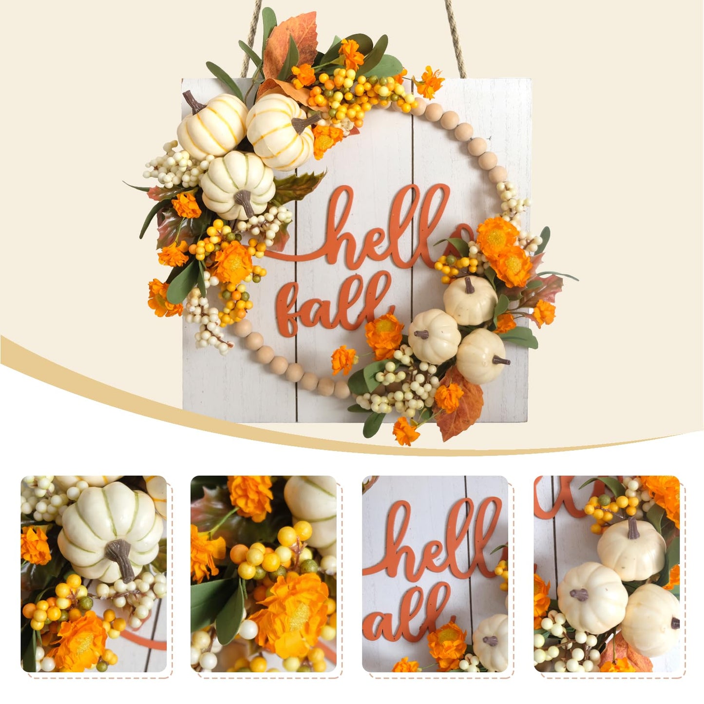 Idyllic Hello Fall Sign Wreath for Front Door, Pumpkin and Berries Wooden Square Wreath for Farmhouse Wall Indoor/Outdoor Harvest Thanksgiving & Fall Season Hanging Wall Decor