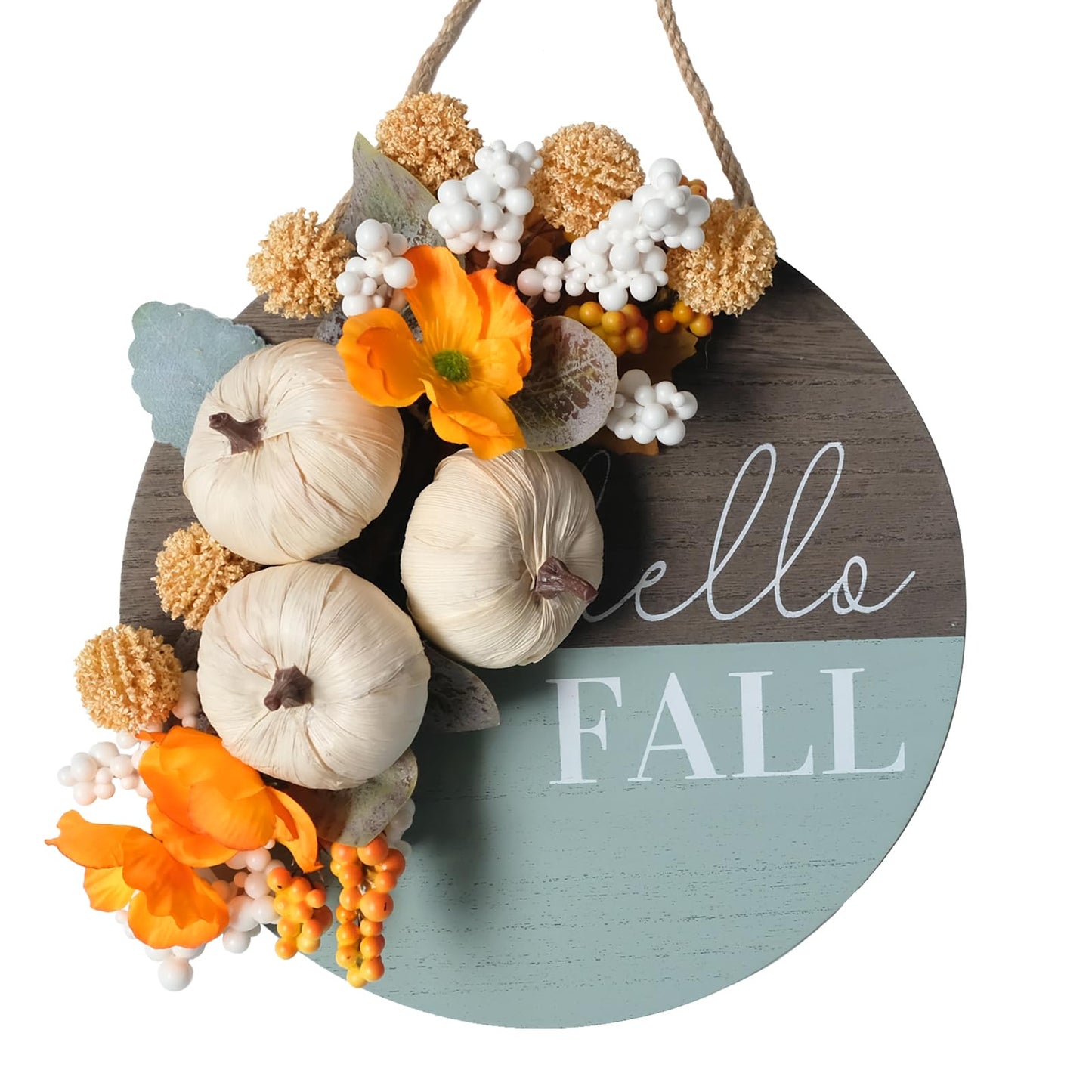 Hello Pumpkin Front Door Sign Fall Wreath with Pinecones, Artificial Pumpkin and Red Leaves, Rustic Wood Farmhouse Porch Decor for Home Front Door Decor 14 inches