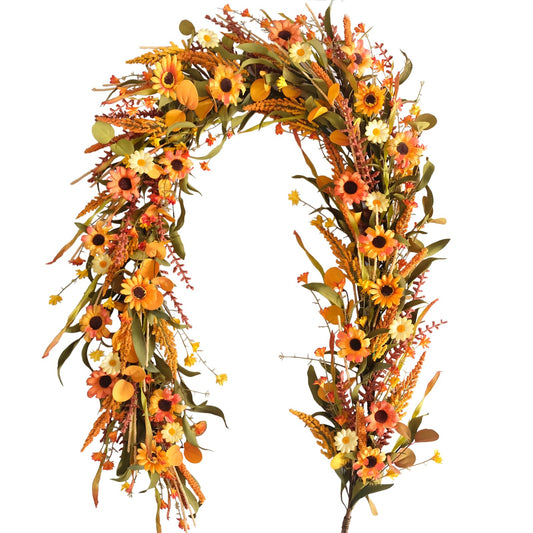 Fall Floral Garland with Mixed Grain Orange Flowers, Sunflower, Daisy, Berries & Eucalyptus - 6ft Autumn Garland for Front Door, Indoor & Outdoor, Harvest Thanksgiving Halloween Home Decoration