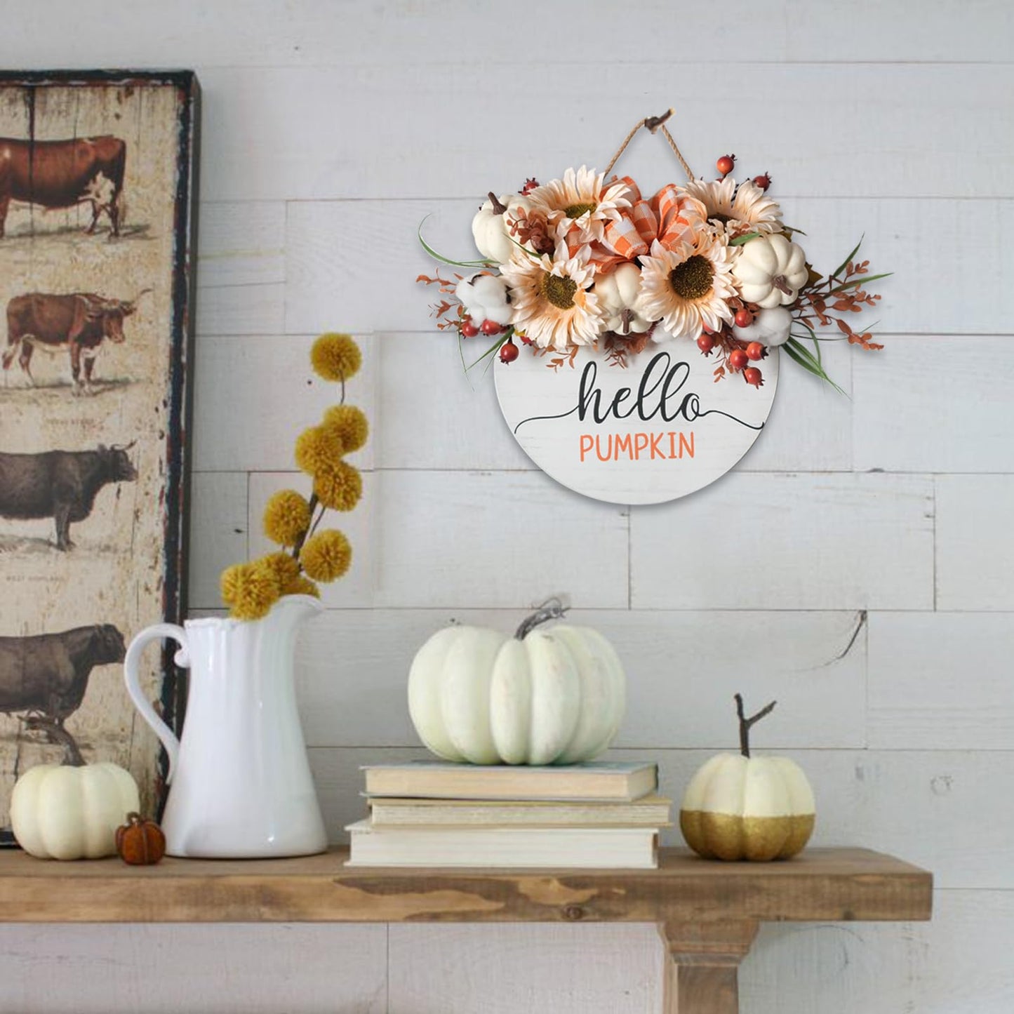 Hello Pumpkin Front Door Sign Fall Wreath with Pinecones, Artificial Pumpkin and Red Leaves, Rustic Wood Farmhouse Porch Decor for Home Front Door Decor 14 inches