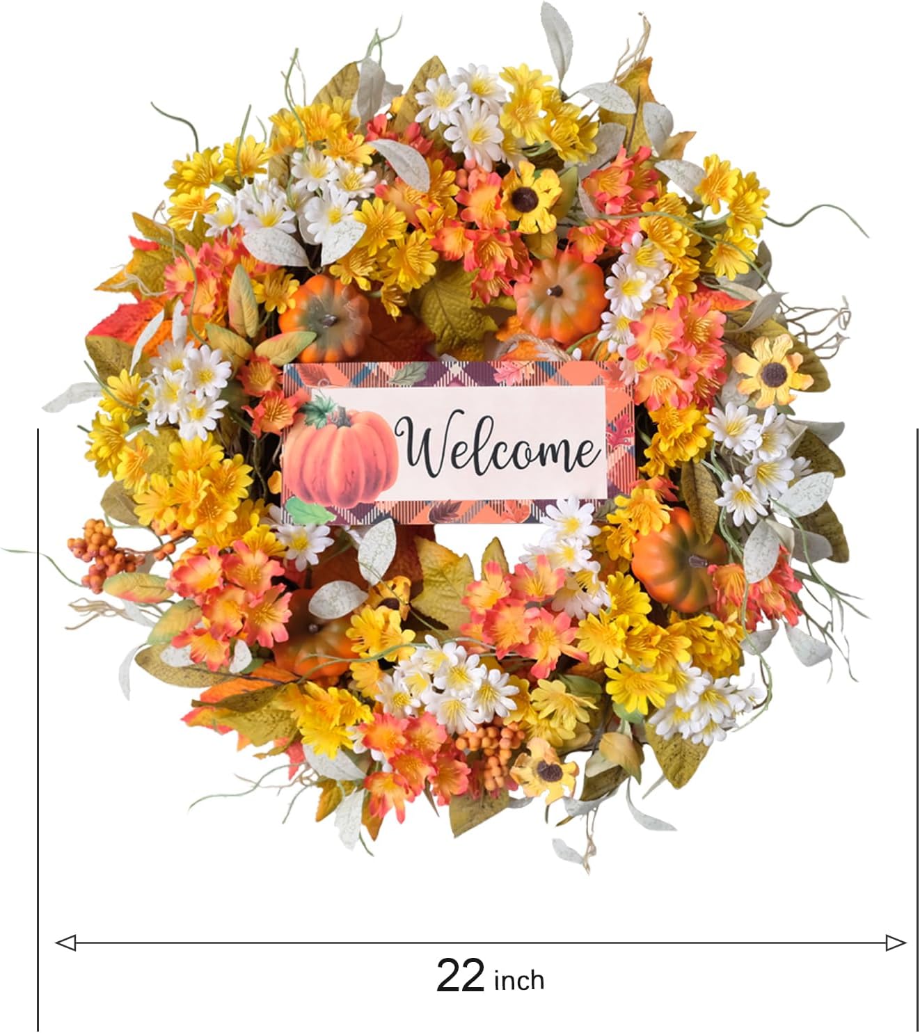 idyllic 22 Inch Fall Wreaths for Front Door Outside, Pumpkin Sunflowers Yellow White Daisies Silk Leaves, Thanksgiving Decorations for Home Porch, Fall Decor