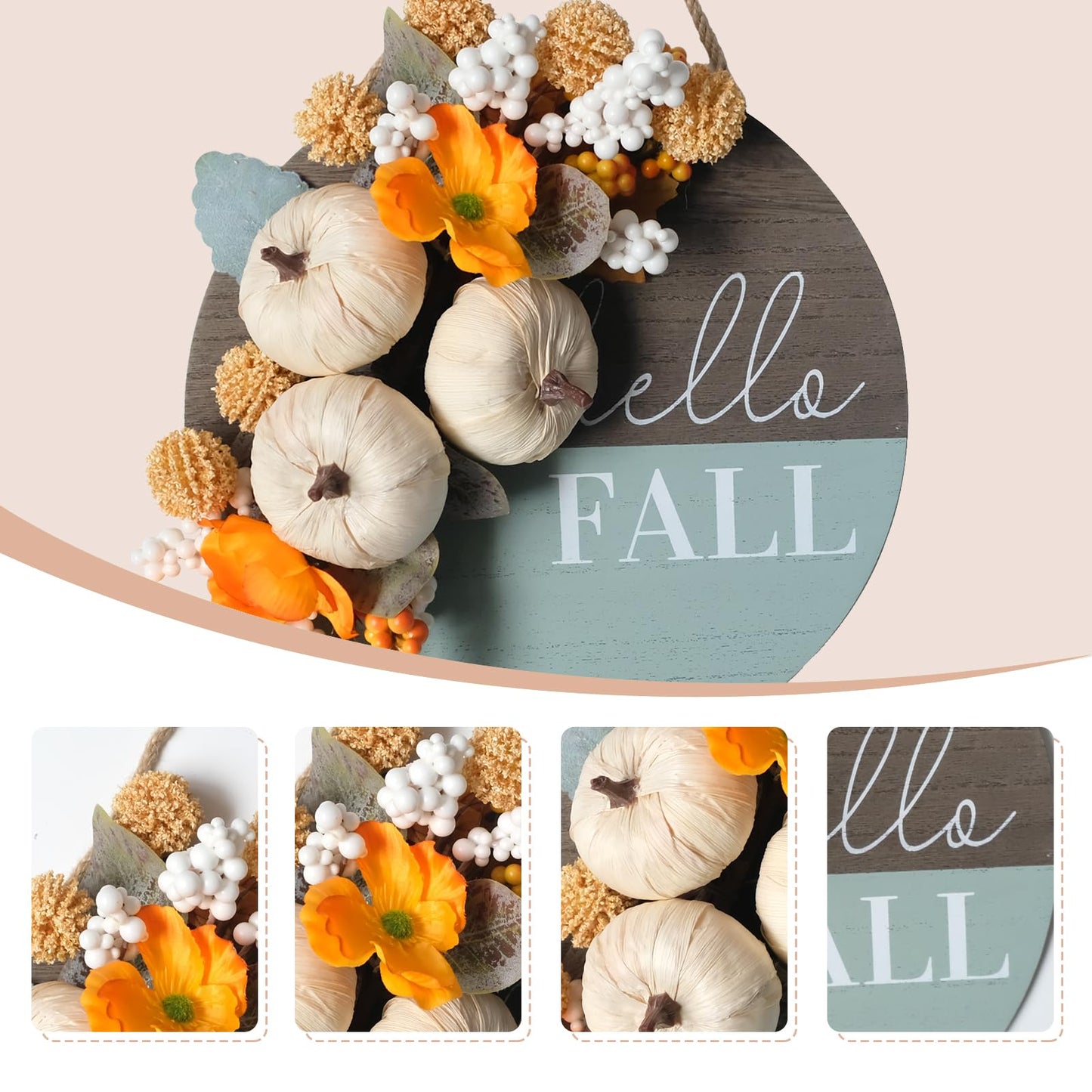 Hello Pumpkin Front Door Sign Fall Wreath with Pinecones, Artificial Pumpkin and Red Leaves, Rustic Wood Farmhouse Porch Decor for Home Front Door Decor 14 inches