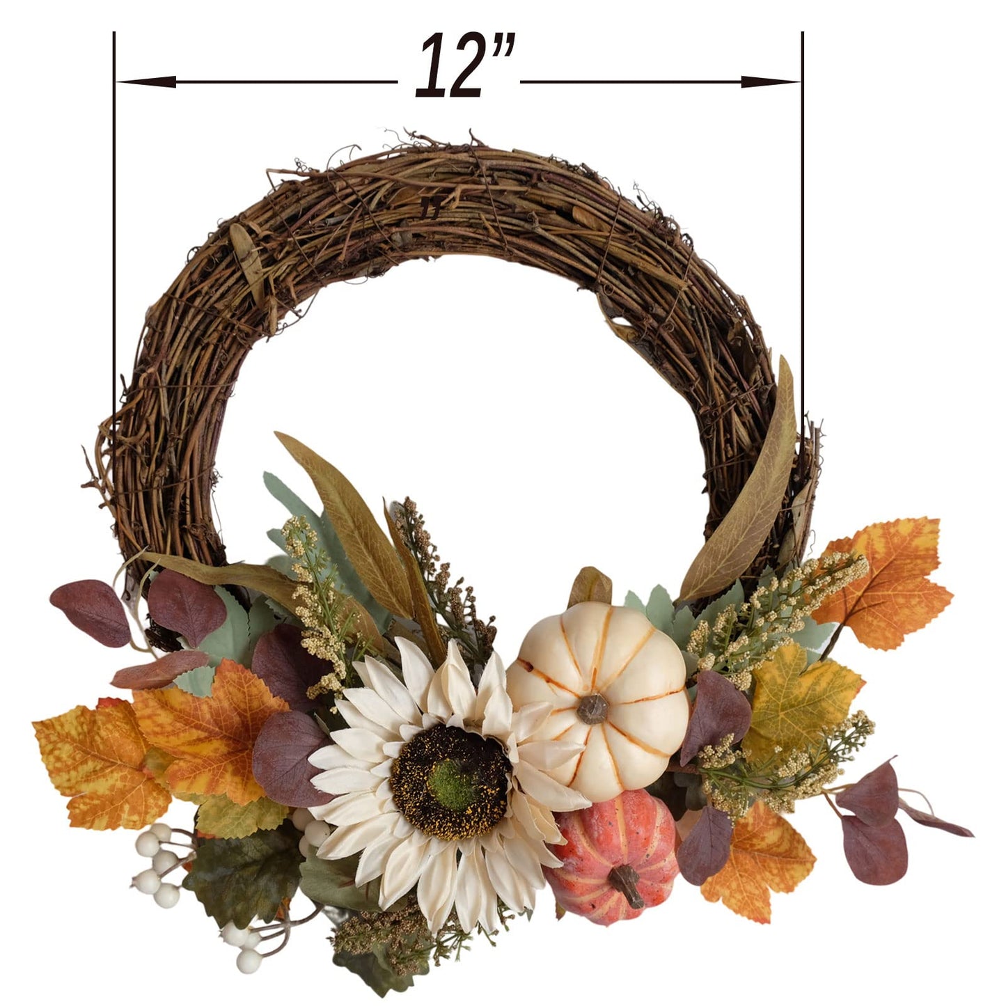 idyllic 20" White Sunflower Artificial Pumpkins Fall Wreath - Green & Yellow Leaves for Front Door Outside, Halloween Wreath, Fall Decorations for Home