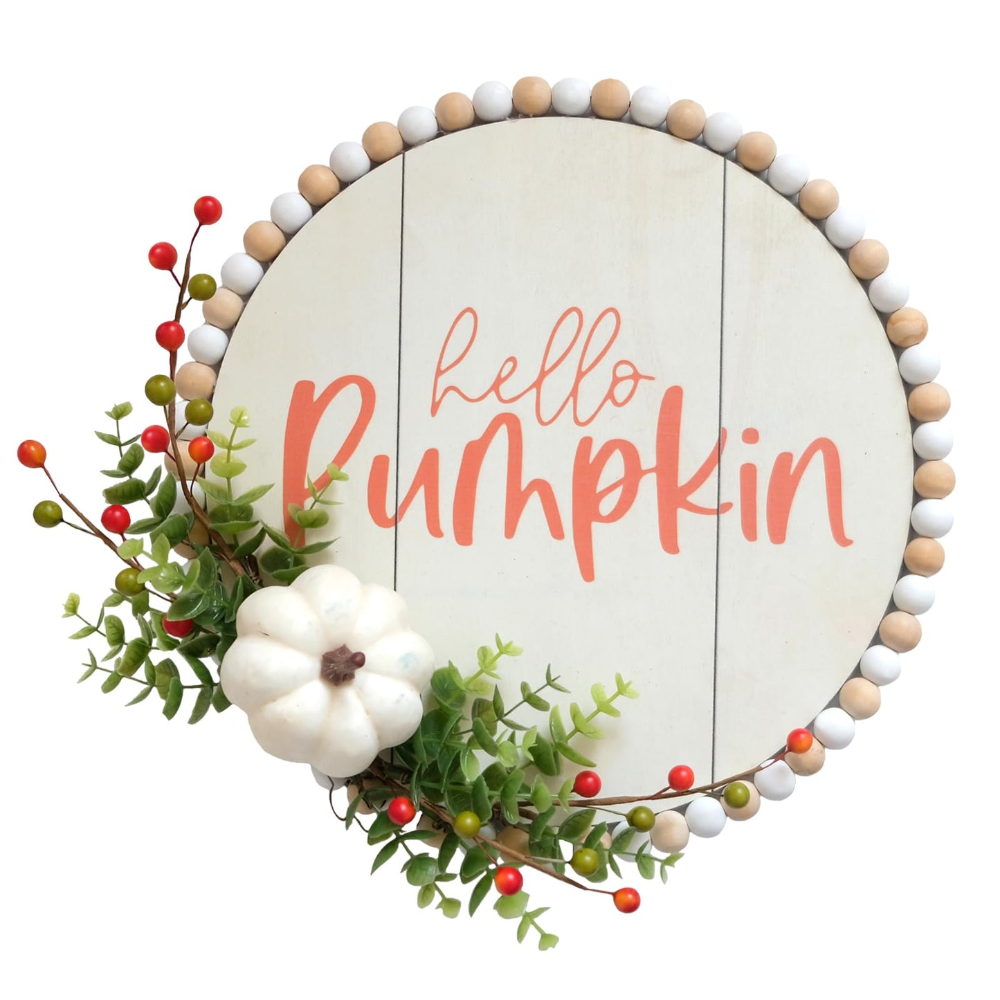 Hello Pumpkin Front Door Sign Fall Wreath with Pinecones, Artificial Pumpkin and Red Leaves, Rustic Wood Farmhouse Porch Decor for Home Front Door Decor 14 inches