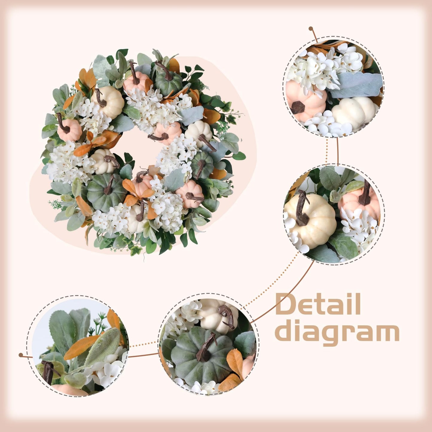 idyllic 22" Rustic Farmhouse Fall Wreath - Green Pink White Pumpkin Wreath with Hydrangea & Lamb Ear for Front Door Outside, Thanksgiving Decorations & Fall Decorations for Home