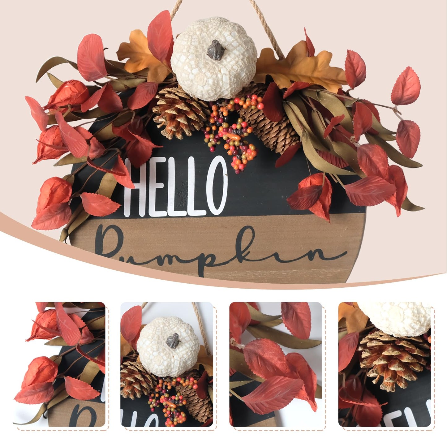 Hello Pumpkin Front Door Sign Fall Wreath with Pinecones, Artificial Pumpkin and Red Leaves, Rustic Wood Farmhouse Porch Decor for Home Front Door Decor 14 inches