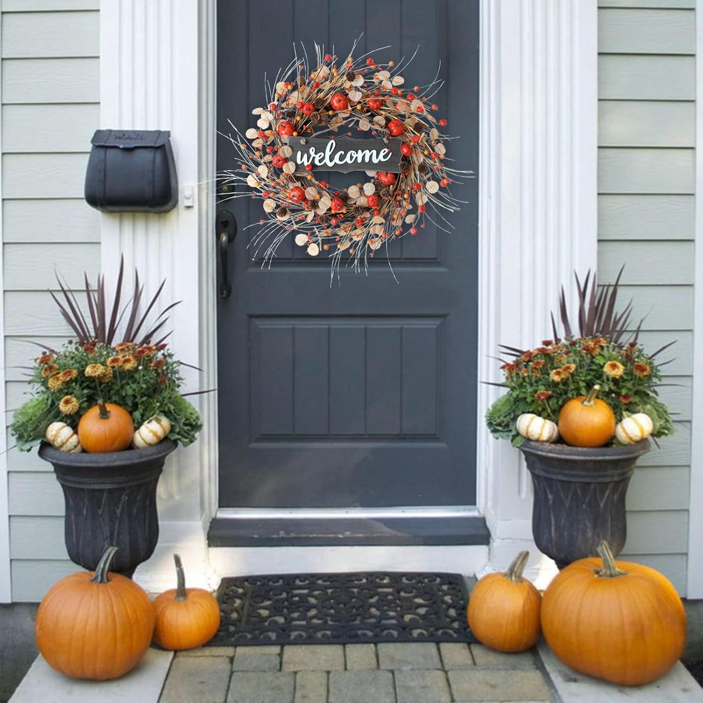 Fall Welcome Wreath 22 inches Autumn Front Door Wreath Harvest Wreath with Pumpkins Dry Vine Branches Berries and Pine Cones Fall Decorations for Indoor Wall Window Festival Thanksgiving Fall Decor