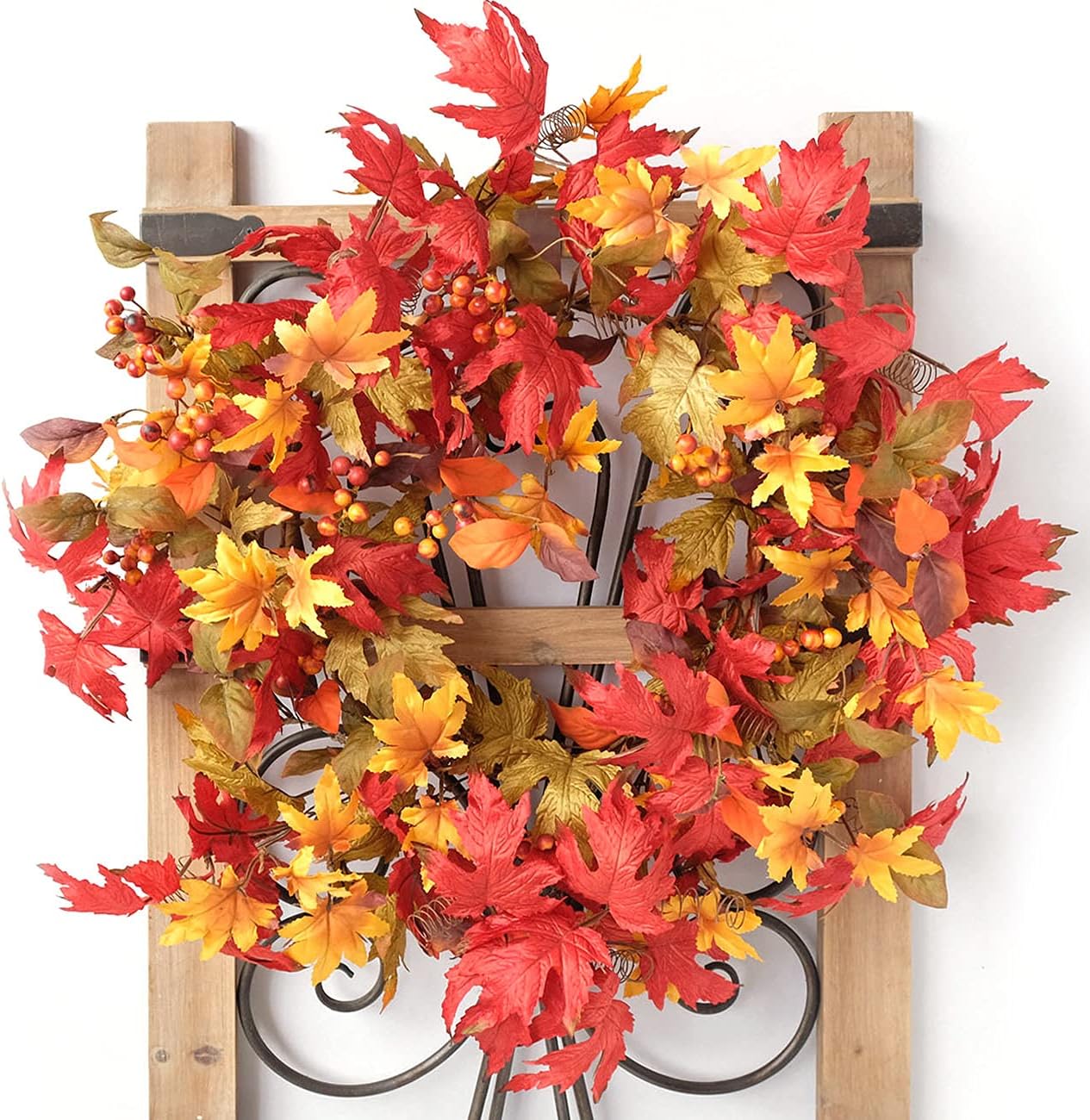 idyllic 20 Inches Wreath of Fall Foliage Maple Leaf, Artificial Wreath for Indoor Decor