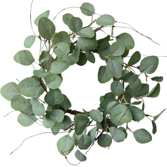 idyllic Eucalyptus Leaves Wreath Metal Polyester Green Wreath 14 Inches for The Front Door Décor, 1 Pack