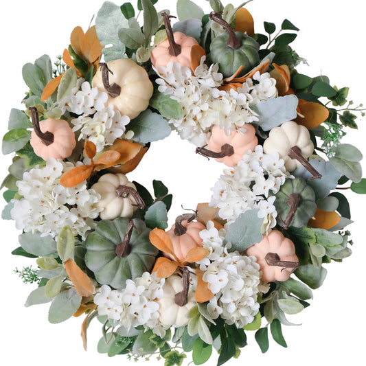 idyllic 22" Rustic Farmhouse Fall Wreath - Green Pink White Pumpkin Wreath with Hydrangea & Lamb Ear for Front Door Outside, Thanksgiving Decorations & Fall Decorations for Home