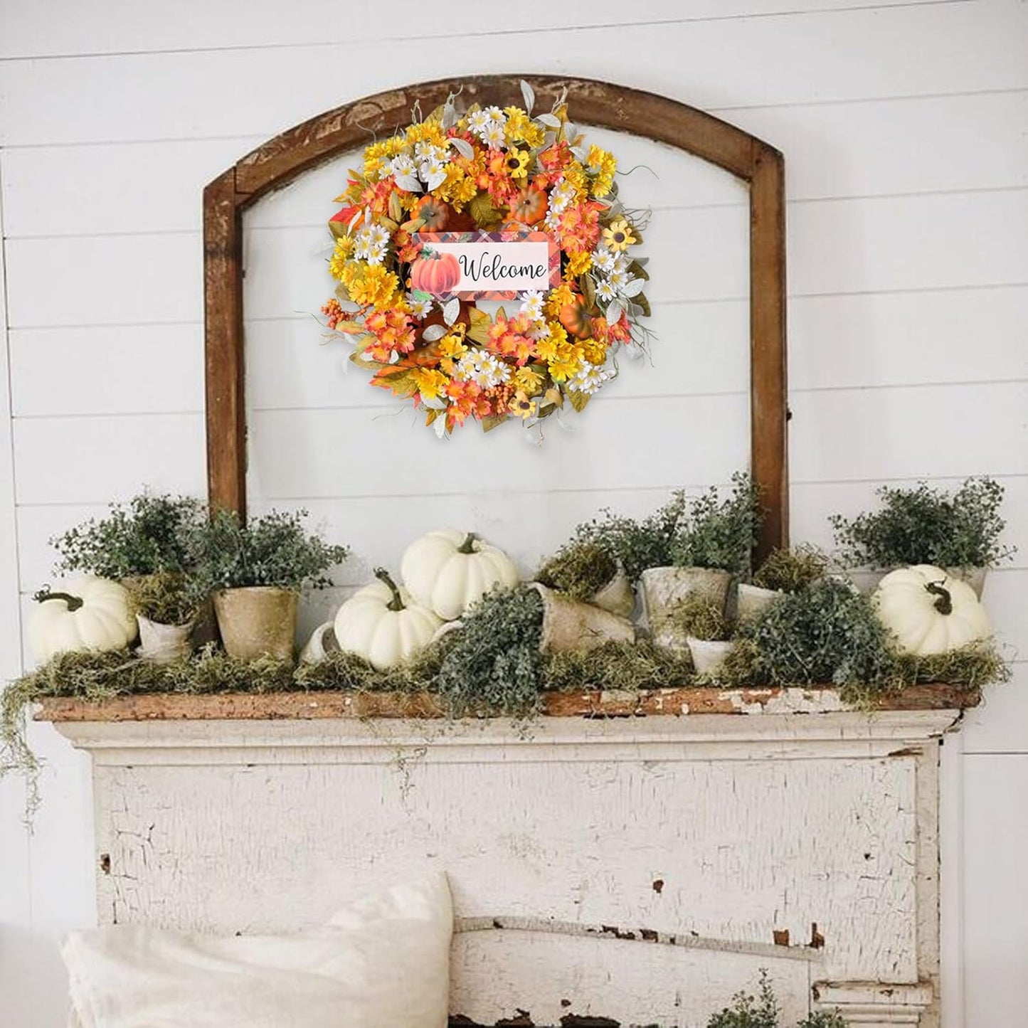 idyllic 22 Inch Fall Wreaths for Front Door Outside, Pumpkin Sunflowers Yellow White Daisies Silk Leaves, Thanksgiving Decorations for Home Porch, Fall Decor