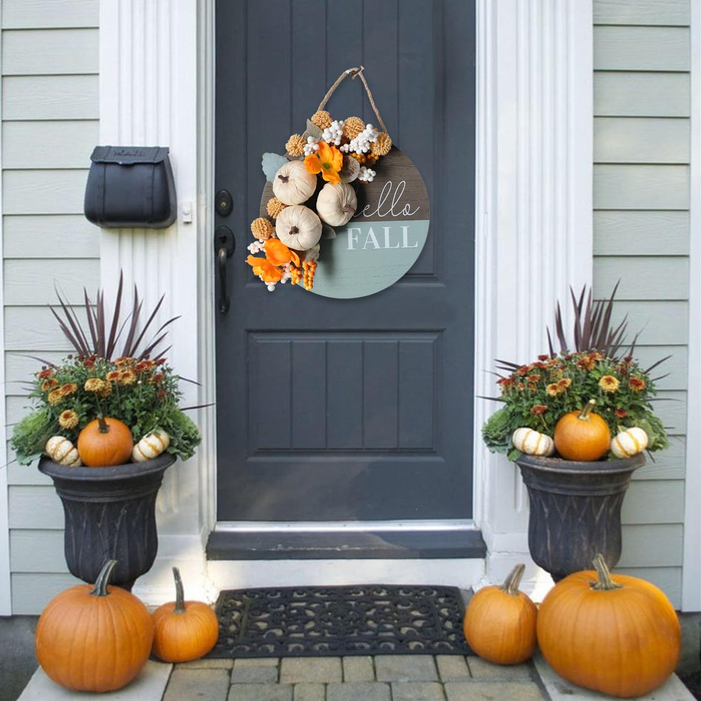 Hello Pumpkin Front Door Sign Fall Wreath with Pinecones, Artificial Pumpkin and Red Leaves, Rustic Wood Farmhouse Porch Decor for Home Front Door Decor 14 inches