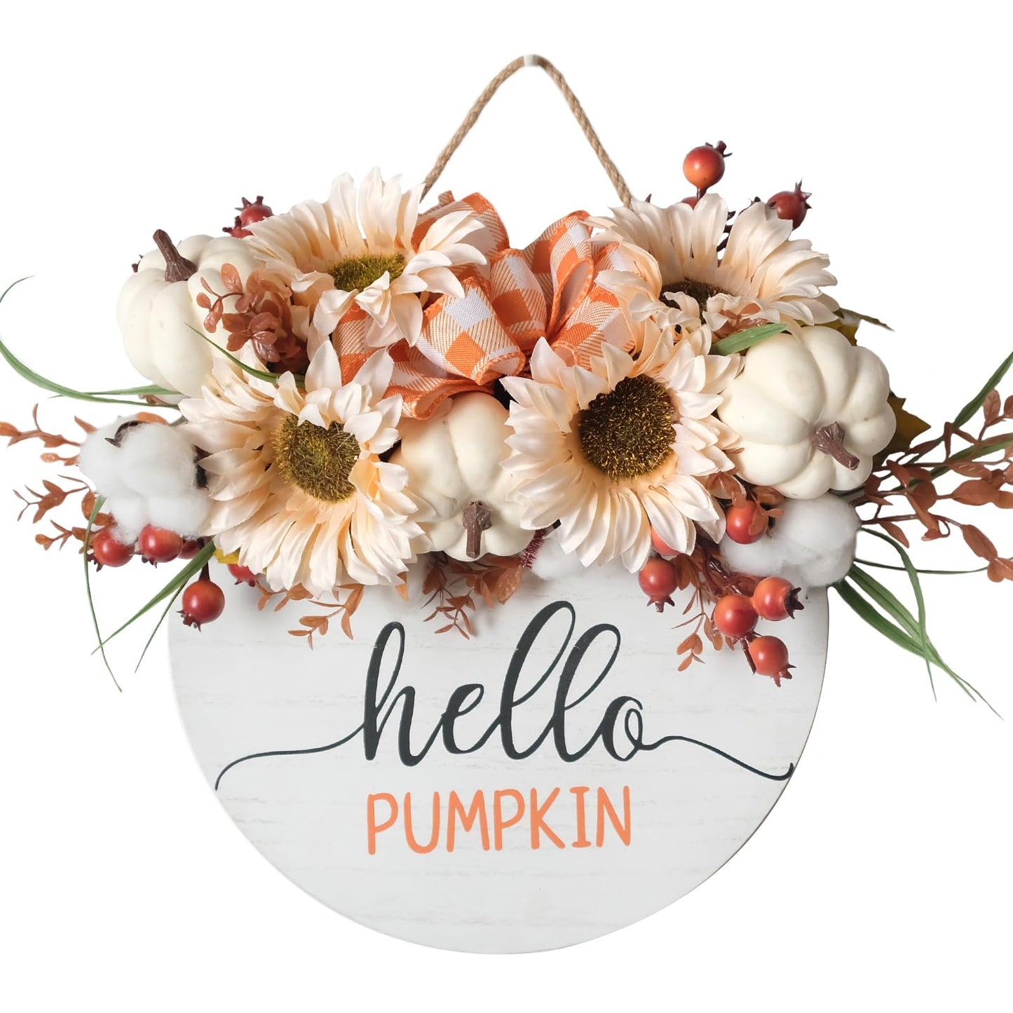 Hello Pumpkin Front Door Sign Fall Wreath with Pinecones, Artificial Pumpkin and Red Leaves, Rustic Wood Farmhouse Porch Decor for Home Front Door Decor 14 inches