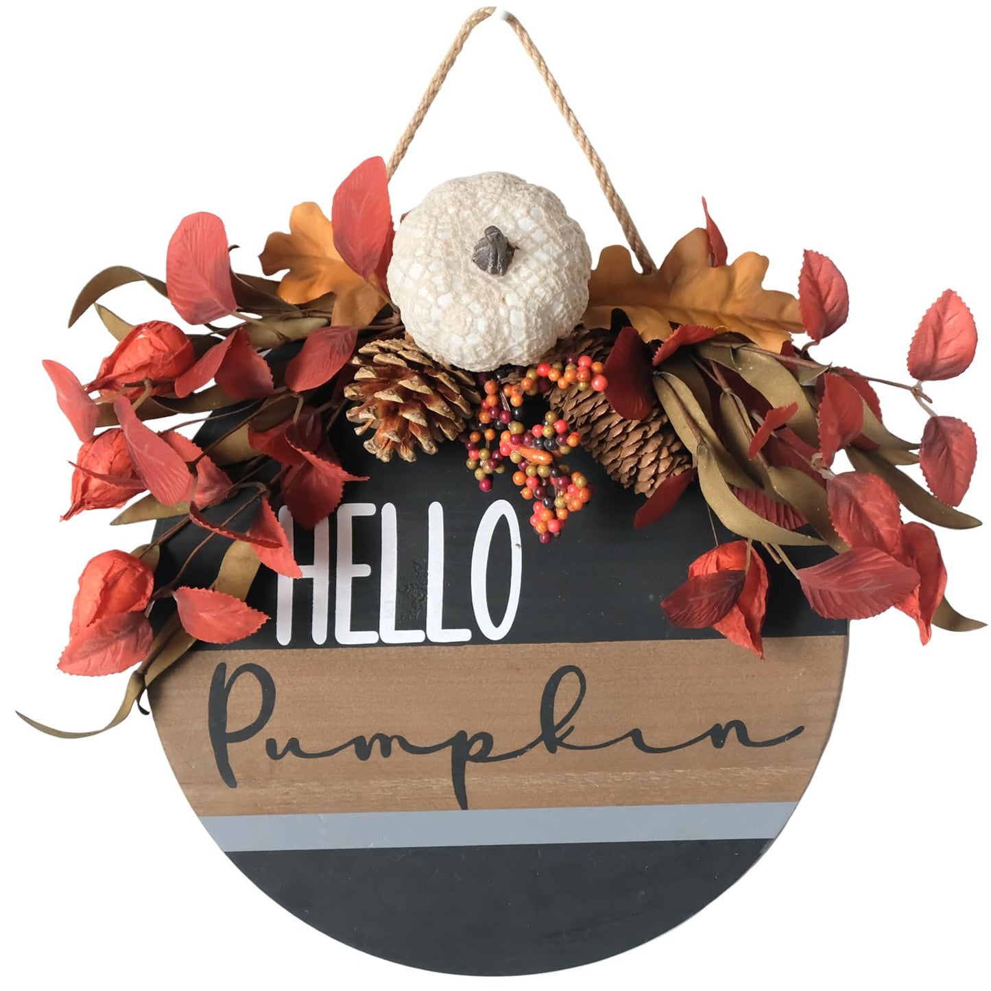 Hello Pumpkin Front Door Sign Fall Wreath with Pinecones, Artificial Pumpkin and Red Leaves, Rustic Wood Farmhouse Porch Decor for Home Front Door Decor 14 inches