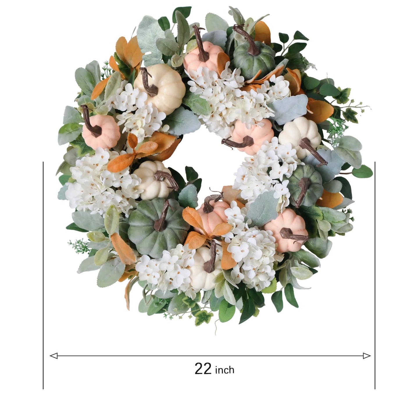 idyllic 22" Rustic Farmhouse Fall Wreath - Green Pink White Pumpkin Wreath with Hydrangea & Lamb Ear for Front Door Outside, Thanksgiving Decorations & Fall Decorations for Home