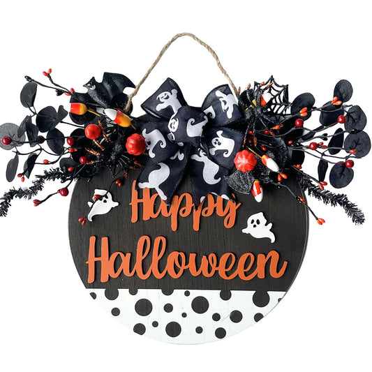 Idyllic 14” Halloween Door Sign Decorations - Cute Ghost Wreaths for Front Door, Halloween Door Wreath, Halloween Hangers, Halloween Door Decorations, Halloween Front Door Decor