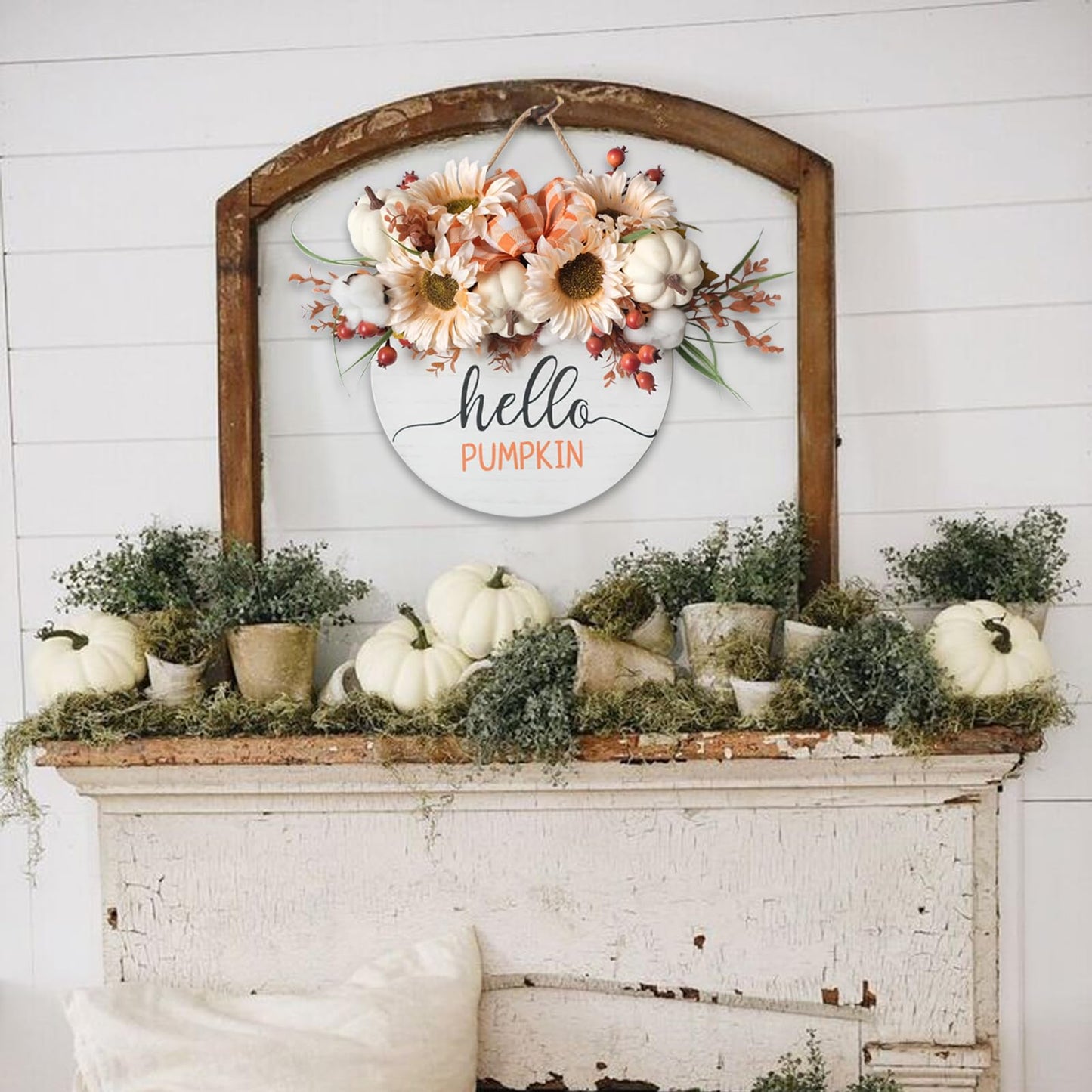 Hello Pumpkin Front Door Sign Fall Wreath with Pinecones, Artificial Pumpkin and Red Leaves, Rustic Wood Farmhouse Porch Decor for Home Front Door Decor 14 inches