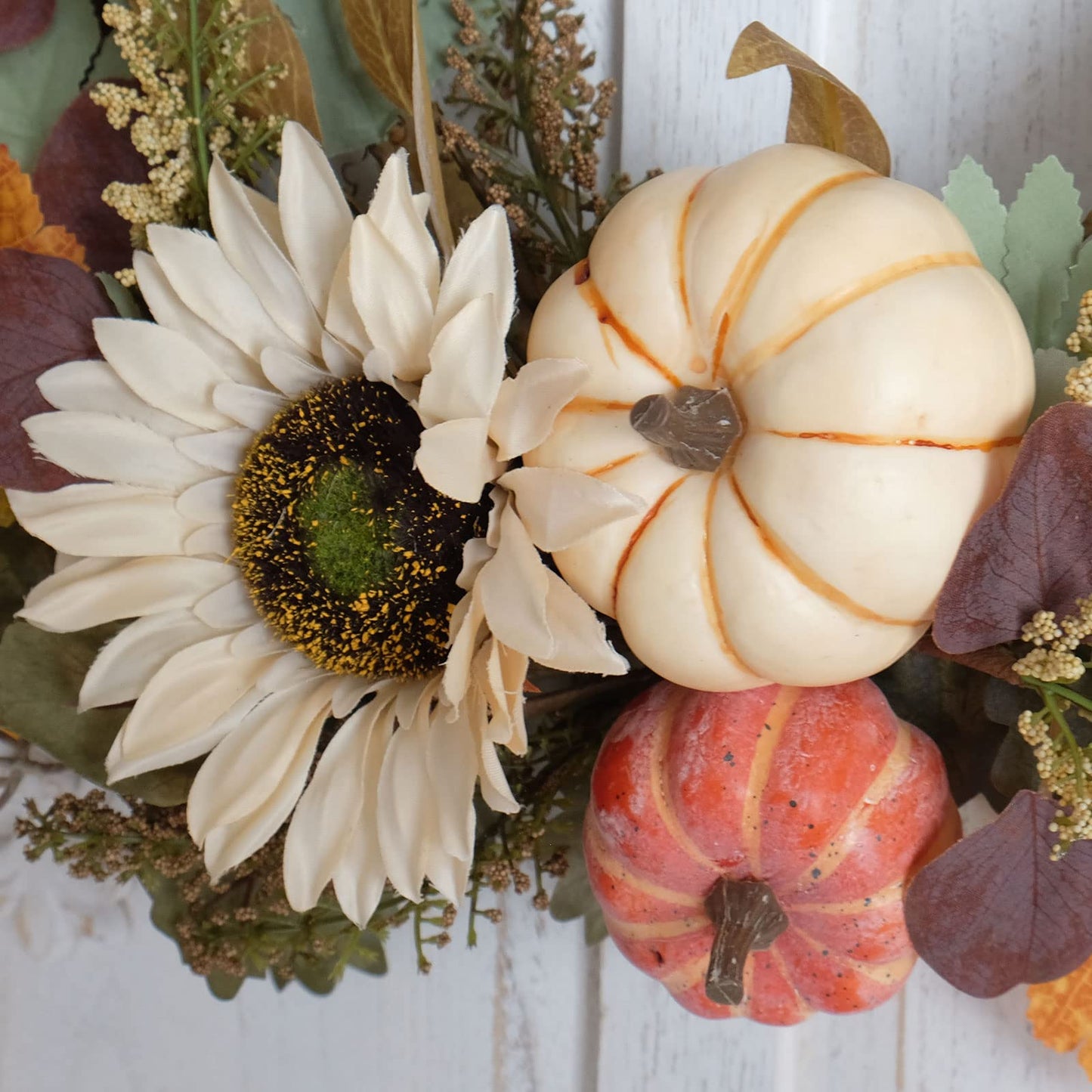 idyllic 20" White Sunflower Artificial Pumpkins Fall Wreath - Green & Yellow Leaves for Front Door Outside, Halloween Wreath, Fall Decorations for Home