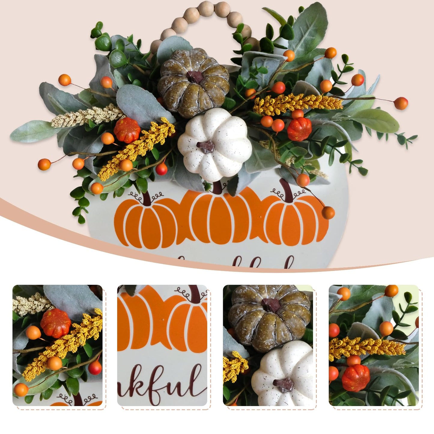 Idyllic Hello Fall Sign Wreath for Front Door, Pumpkin and Berries Wooden Square Wreath for Farmhouse Wall Indoor/Outdoor Harvest Thanksgiving & Fall Season Hanging Wall Decor