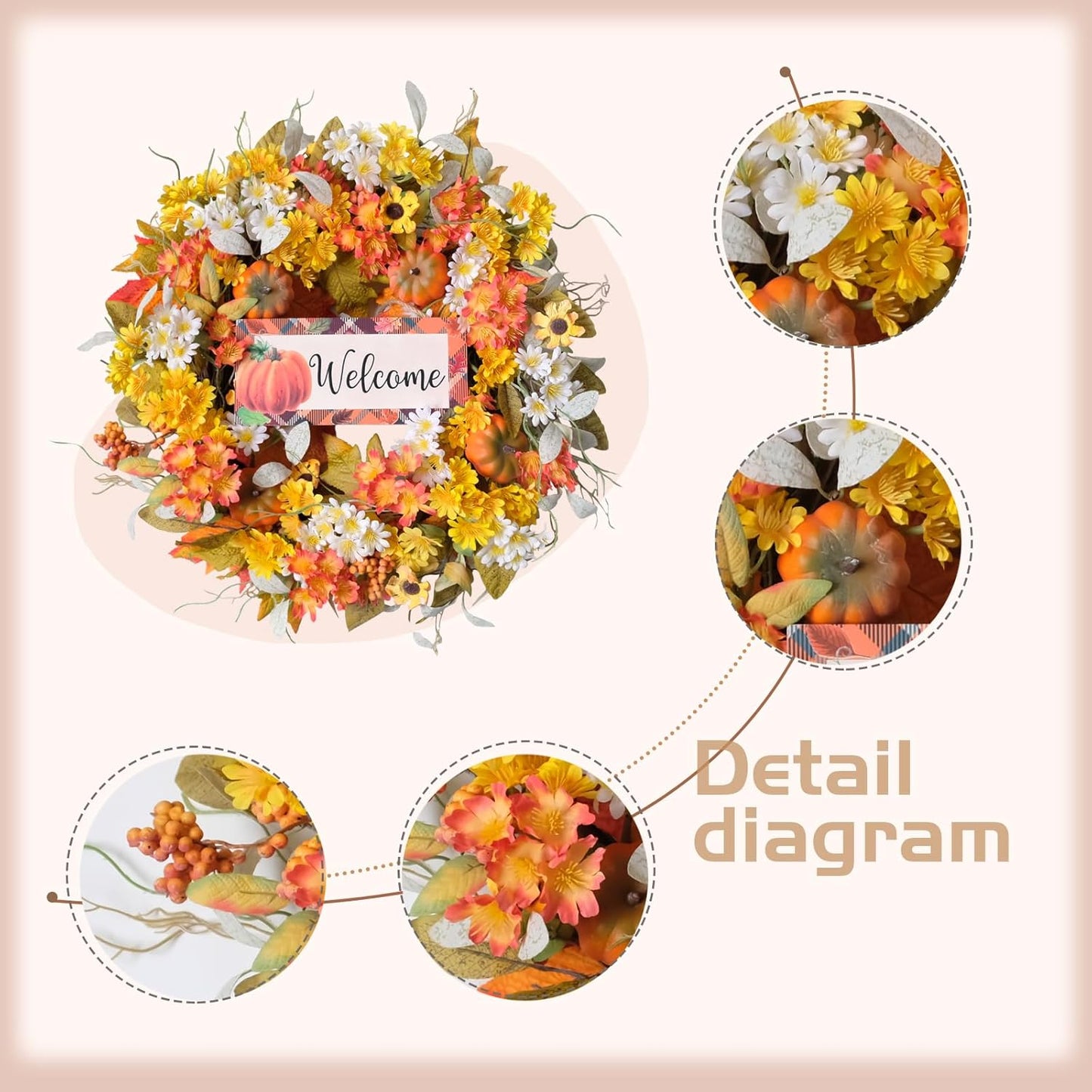 idyllic 22 Inch Fall Wreaths for Front Door Outside, Pumpkin Sunflowers Yellow White Daisies Silk Leaves, Thanksgiving Decorations for Home Porch, Fall Decor