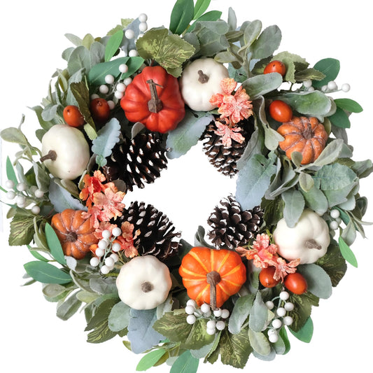 Fall Wreath With Pine Cones Berries Acorn Lamb Ear Leaves for Front Door,22 inche Rustic Farmhouse Autumn Wreath for Indoor and Outdoor, Orange White Pumpkin Wreath for Harvest Thanksgiving Decoration