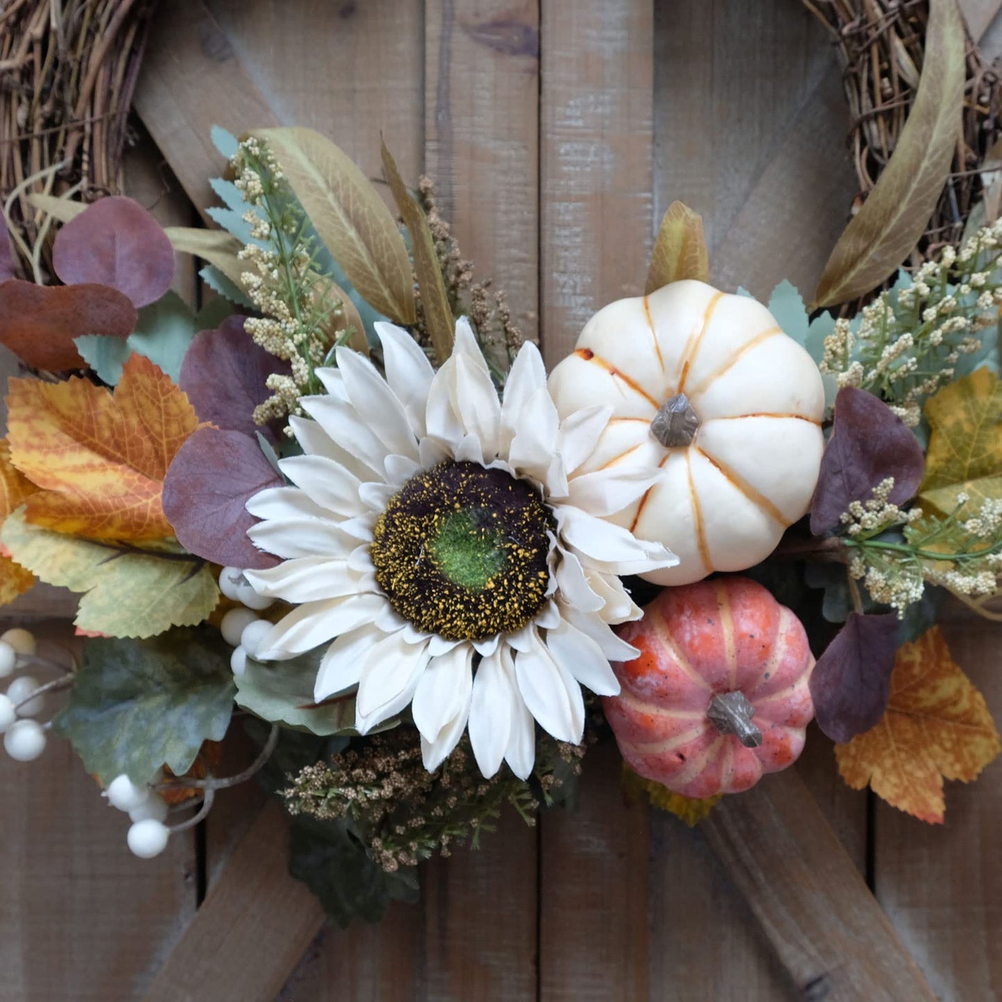 idyllic 20" White Sunflower Artificial Pumpkins Fall Wreath - Green & Yellow Leaves for Front Door Outside, Halloween Wreath, Fall Decorations for Home