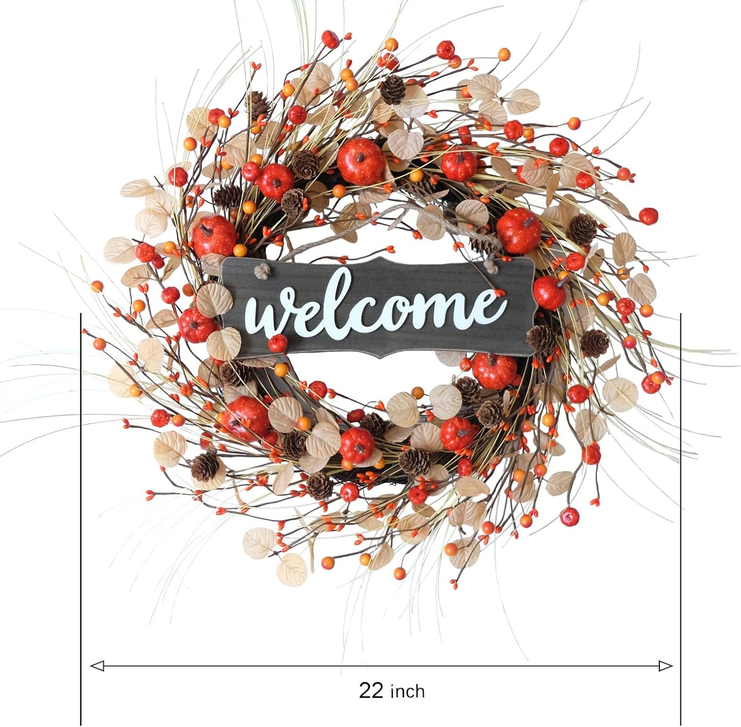 Fall Welcome Wreath 22 inches Autumn Front Door Wreath Harvest Wreath with Pumpkins Dry Vine Branches Berries and Pine Cones Fall Decorations for Indoor Wall Window Festival Thanksgiving Fall Decor