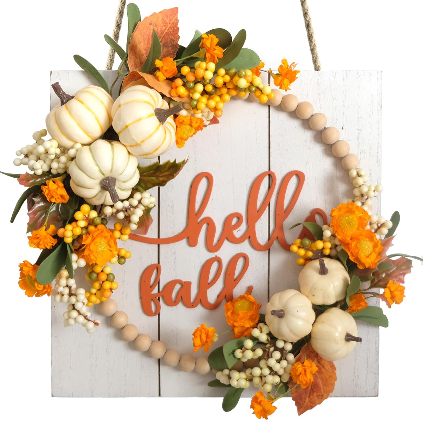 Idyllic Hello Fall Sign Wreath for Front Door, Pumpkin and Berries Wooden Square Wreath for Farmhouse Wall Indoor/Outdoor Harvest Thanksgiving & Fall Season Hanging Wall Decor