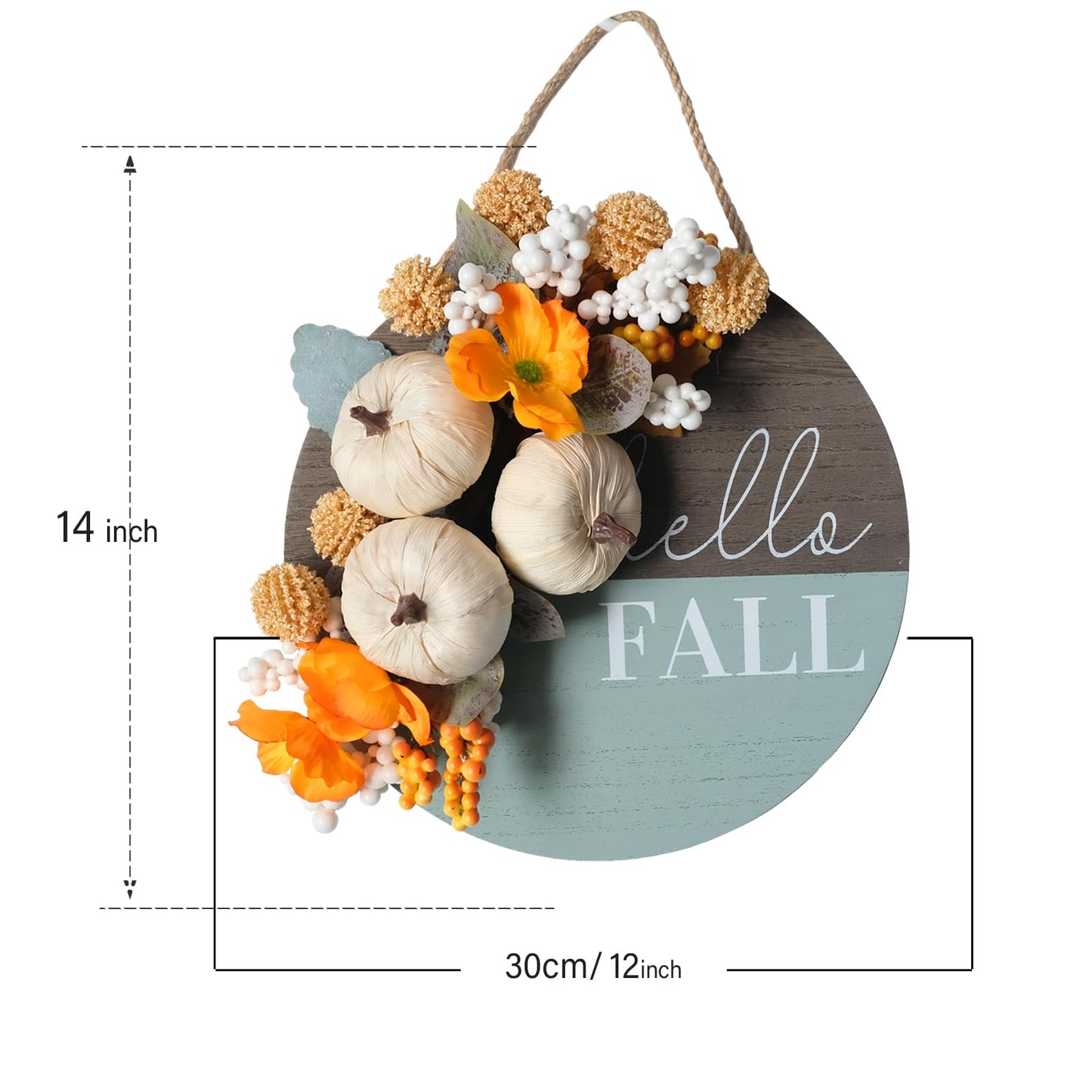 Hello Pumpkin Front Door Sign Fall Wreath with Pinecones, Artificial Pumpkin and Red Leaves, Rustic Wood Farmhouse Porch Decor for Home Front Door Decor 14 inches