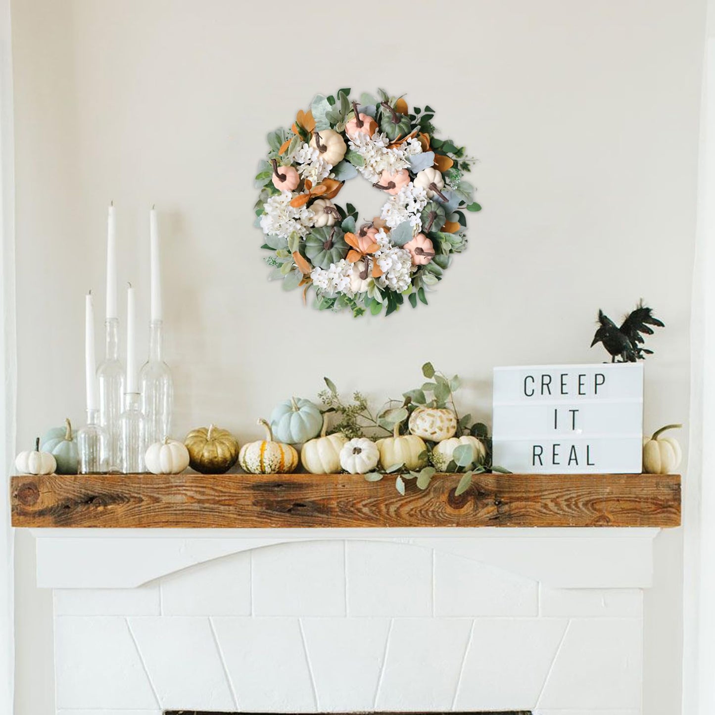 idyllic 22" Rustic Farmhouse Fall Wreath - Green Pink White Pumpkin Wreath with Hydrangea & Lamb Ear for Front Door Outside, Thanksgiving Decorations & Fall Decorations for Home