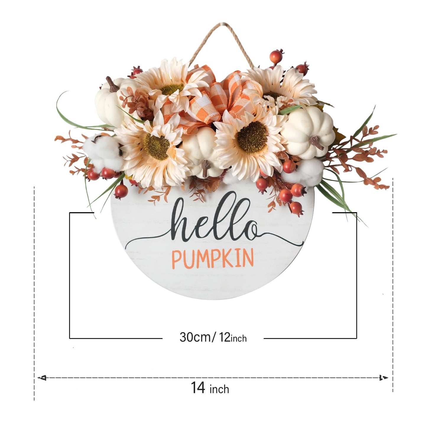 Hello Pumpkin Front Door Sign Fall Wreath with Pinecones, Artificial Pumpkin and Red Leaves, Rustic Wood Farmhouse Porch Decor for Home Front Door Decor 14 inches