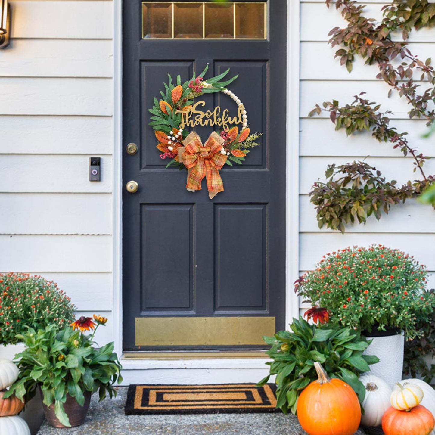 Fall Wreath for Front Door, 16” Wood Bead Wreaths with Artificial Berries Olive Leaves, Thanksgiving Autumn Wreath for Harvest Indoor/Outdoor Wall Window Farmhouse