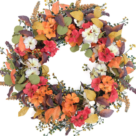 Idyllic 18“ Fall Wreath of Berry and Red Green Leaf, Mixed Flower Autumn Wreath for Front Door, Home Decoration