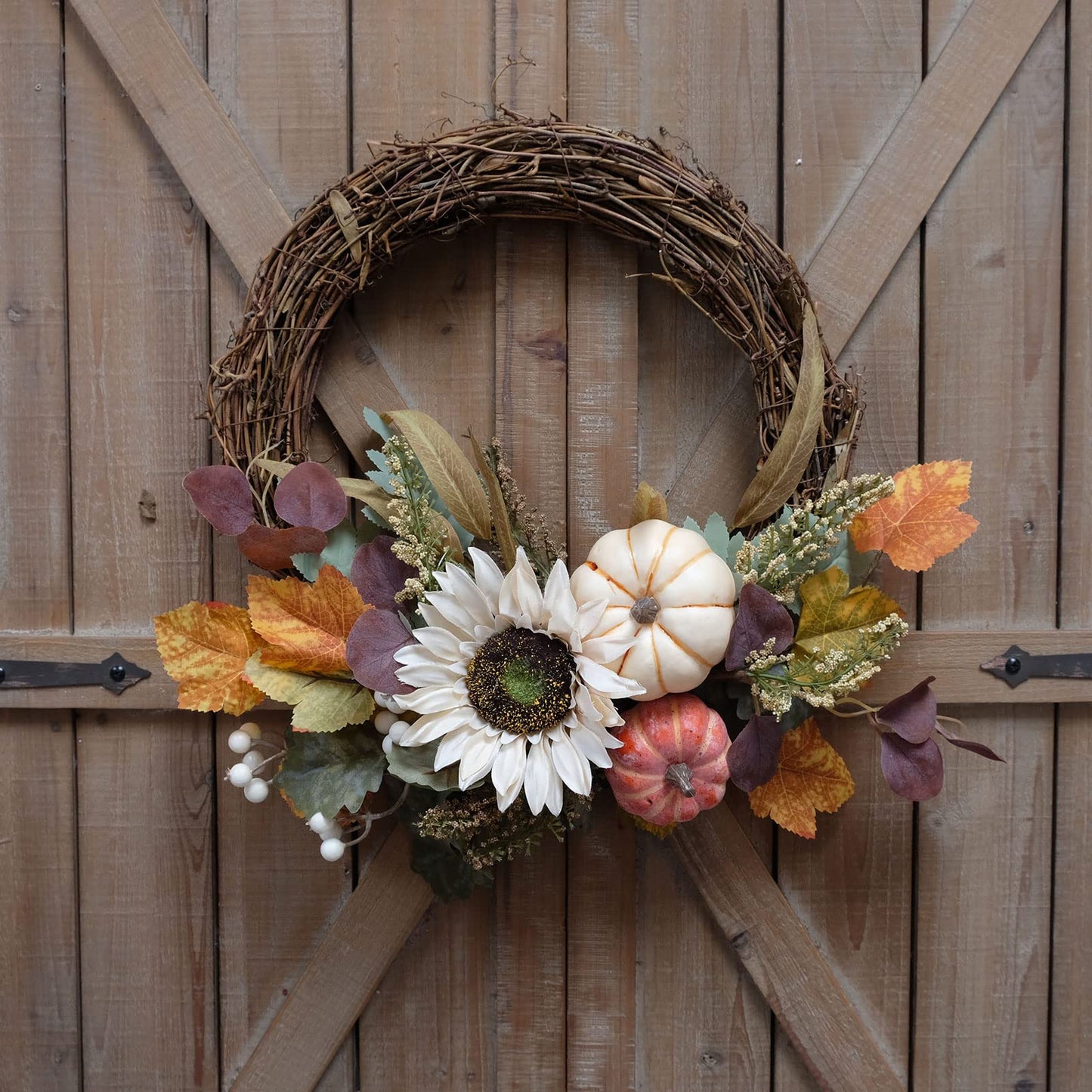 idyllic 20" White Sunflower Artificial Pumpkins Fall Wreath - Green & Yellow Leaves for Front Door Outside, Halloween Wreath, Fall Decorations for Home