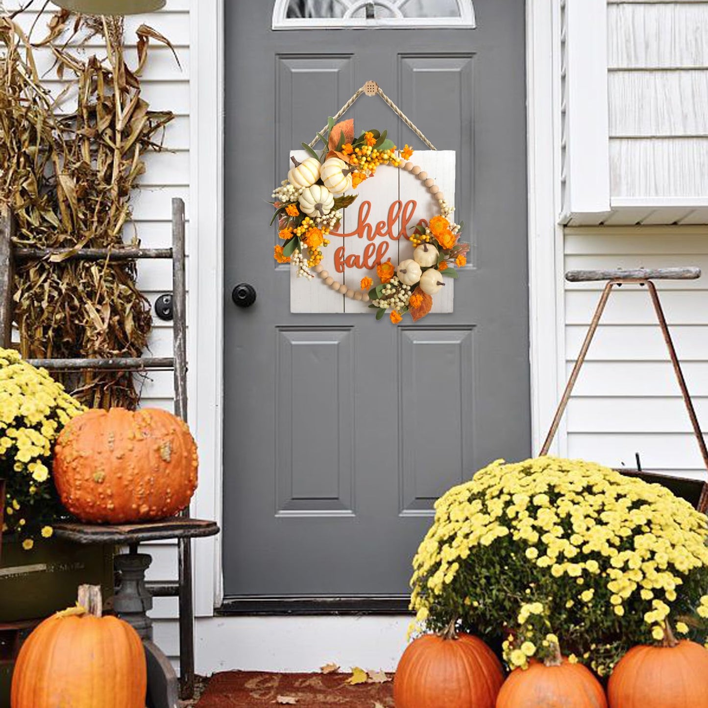 Idyllic Hello Fall Sign Wreath for Front Door, Pumpkin and Berries Wooden Square Wreath for Farmhouse Wall Indoor/Outdoor Harvest Thanksgiving & Fall Season Hanging Wall Decor