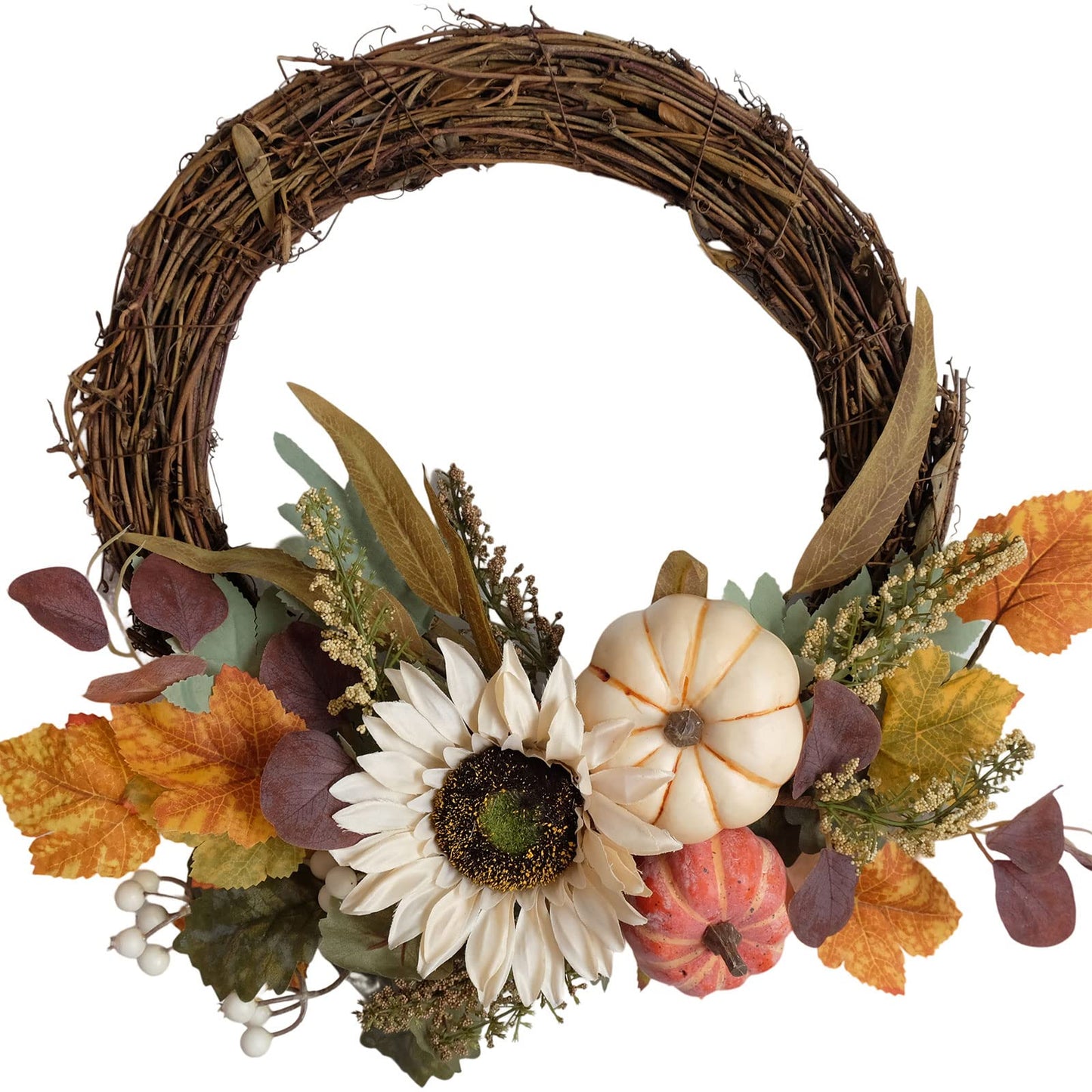 idyllic 20" White Sunflower Artificial Pumpkins Fall Wreath - Green & Yellow Leaves for Front Door Outside, Halloween Wreath, Fall Decorations for Home