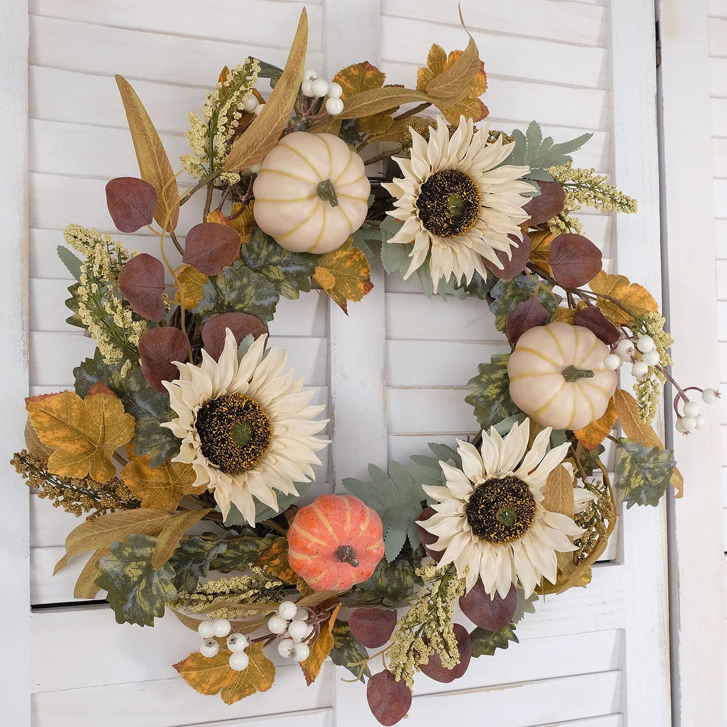 idyllic 20" White Sunflower Artificial Pumpkins Fall Wreath - Green & Yellow Leaves for Front Door Outside, Halloween Wreath, Fall Decorations for Home