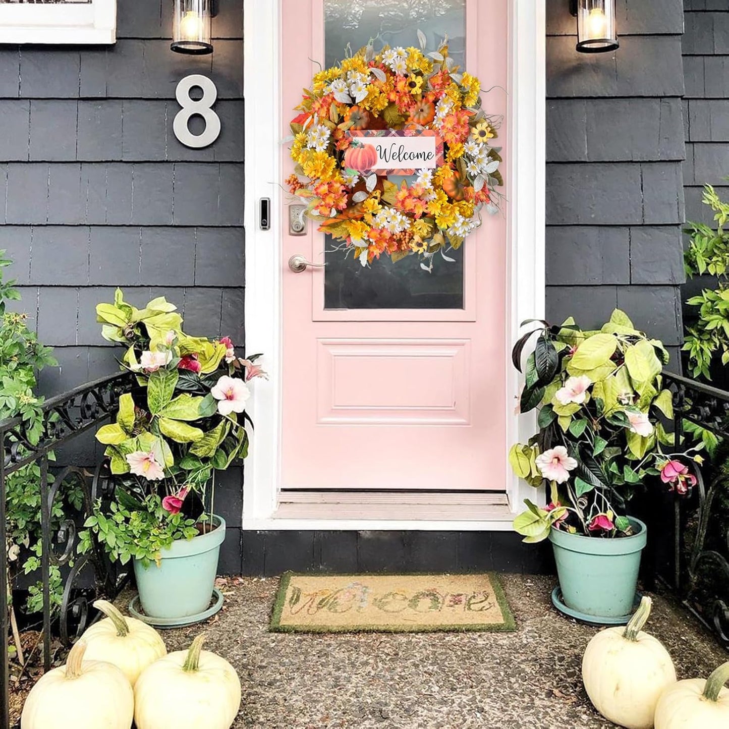 idyllic 22 Inch Fall Wreaths for Front Door Outside, Pumpkin Sunflowers Yellow White Daisies Silk Leaves, Thanksgiving Decorations for Home Porch, Fall Decor