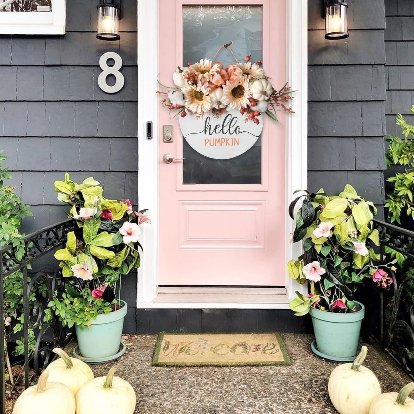 Hello Pumpkin Front Door Sign Fall Wreath with Pinecones, Artificial Pumpkin and Red Leaves, Rustic Wood Farmhouse Porch Decor for Home Front Door Decor 14 inches