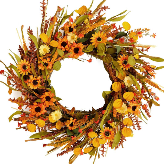 idyllic 20 Inches Harvest Wreath - Yellow & Orange Daisies, Ear of Wheat, Green Leaves - Fall Wreaths for Front Door Outside, Autumn Wreaths for Front Door, Fall Decor