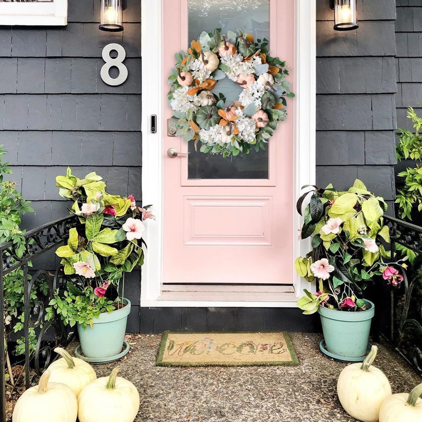 idyllic 22" Rustic Farmhouse Fall Wreath - Green Pink White Pumpkin Wreath with Hydrangea & Lamb Ear for Front Door Outside, Thanksgiving Decorations & Fall Decorations for Home