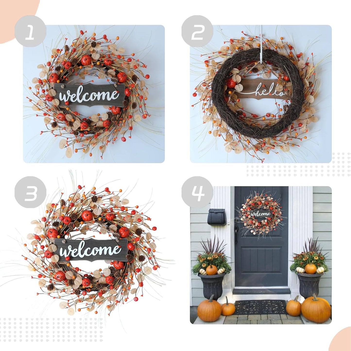 Fall Welcome Wreath 22 inches Autumn Front Door Wreath Harvest Wreath with Pumpkins Dry Vine Branches Berries and Pine Cones Fall Decorations for Indoor Wall Window Festival Thanksgiving Fall Decor